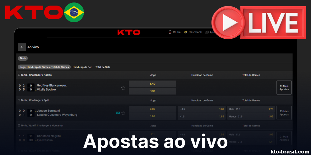 Opções de apostas ao vivo disponíveis na KTO no Brasil